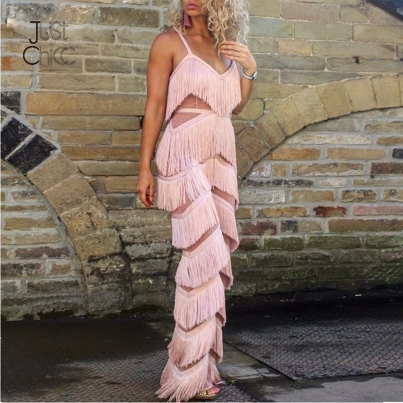 Limited edition HOUSE OF CB ‘Marcella’ Pink Fabulous Fringe Sheer Jumpsuit NWOT - Picture 7 of 14